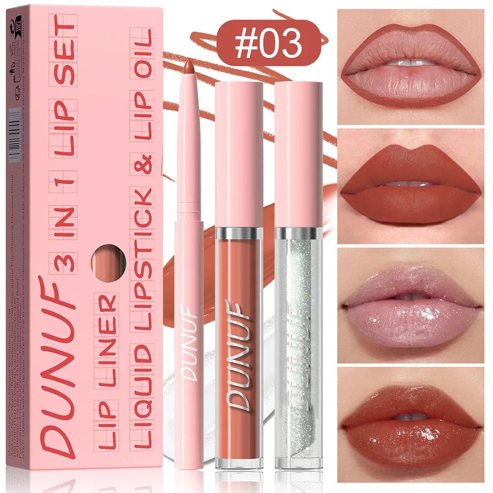 [Brillo de Labios Impermeable] Set de 3 Piezas Brillo de Labios Impermeable y Resistente al Sudor Delineador de Labios Set de Brillo de Labios Duradero Fácil de Colorear Set de Brillos de Labios Mate Pintalabios