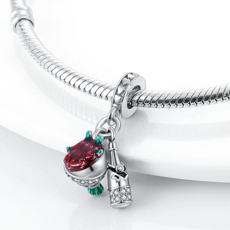 Red Rose Bouquet & Champagne Pendant Charms Fit Charm Bracelet Diy Festival Gift For Women Silver Color