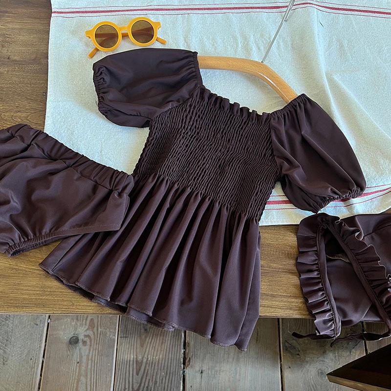 

2025 Корейский слитный купальник с рукавами-буфами и шапочка для плавания для маленьких девочек - Стильный летний купальник 110