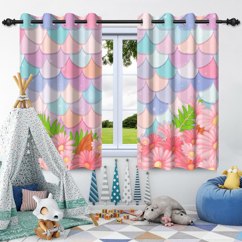 2Pcs Mermaid Colorful Scales Window Curtains Princess Girls Bedroom Decoration Home Living Room Heat Insulation Blackout Drapes