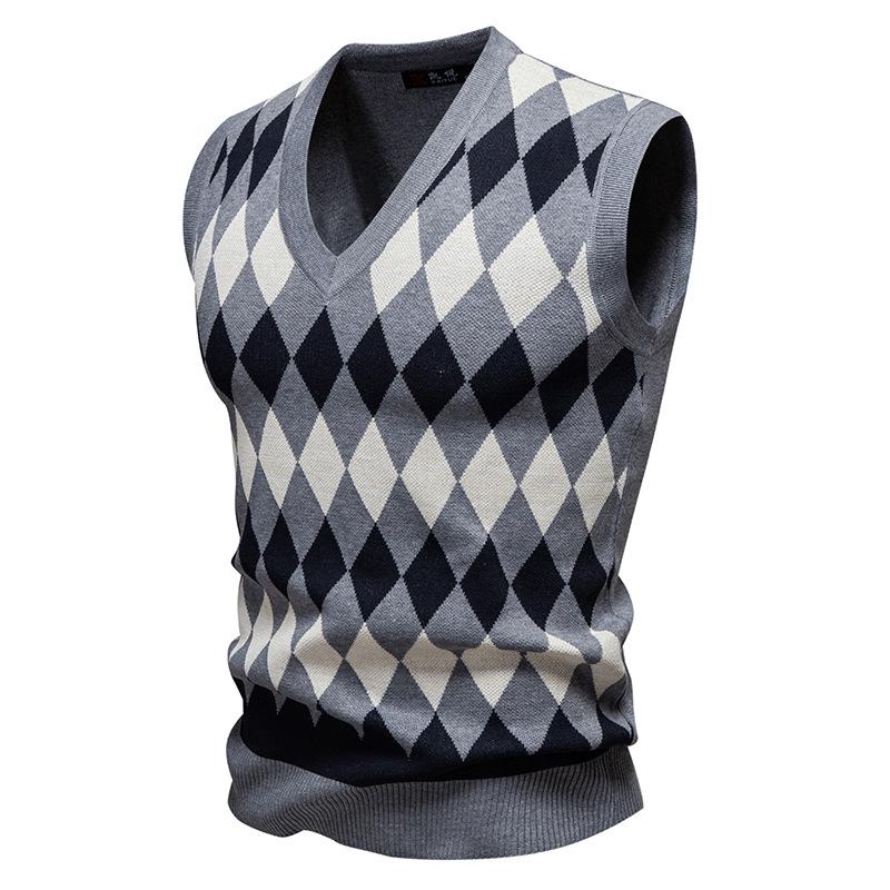 Men's Trendy V-Neck Plaid Color Block Knit Vest - Autumn/Winter Casual Warm Layer