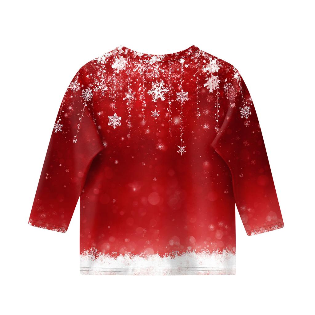 Christmas Day Print Tops For Youth Girls 4-11 Years Round Neck 3/4 Sleeves T-Shirts Trendy Tops Outfit Tees