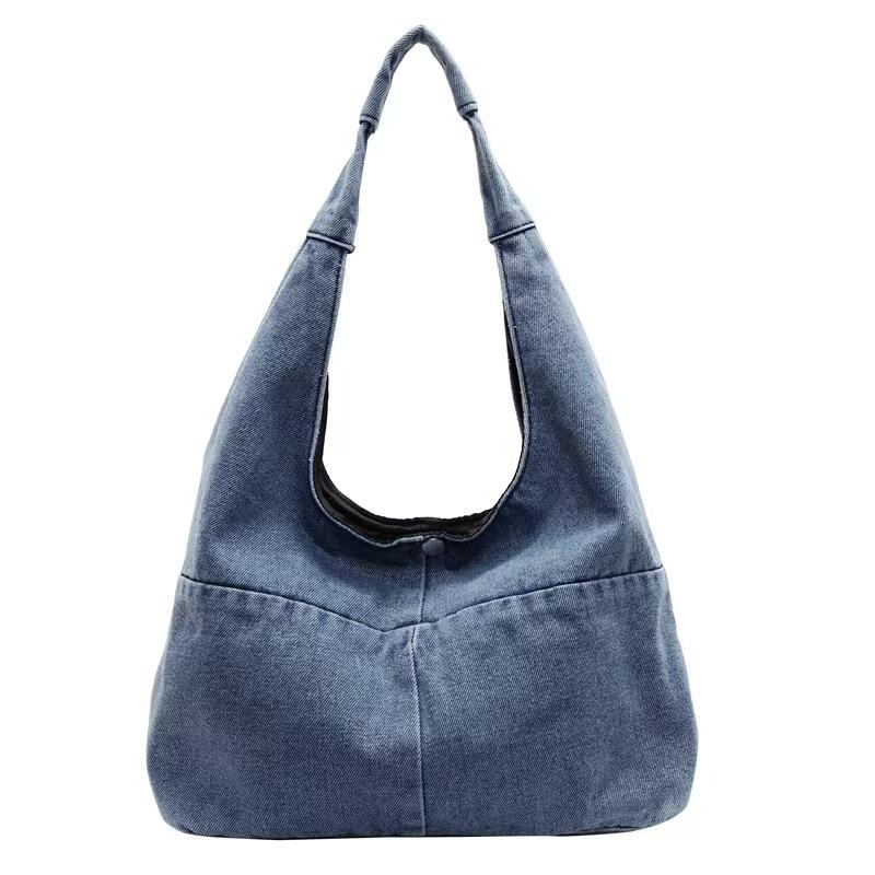 Denim tote 2025 spring new Harajuku solid color canvas retro shoulder messenger bag capacity bucket bag