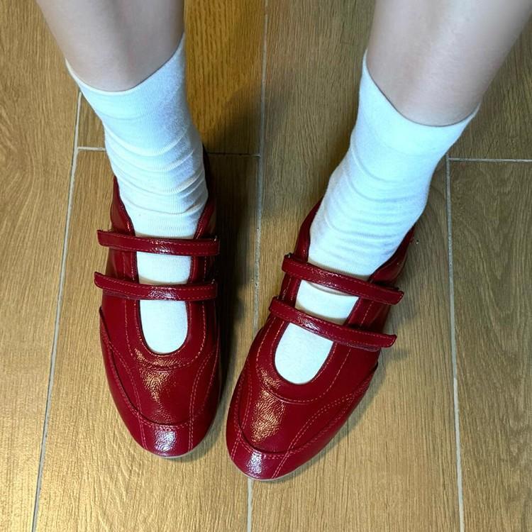 Velcro casual sports shoes women's versatile ballet Mary Jane leather red flat shoes tide
