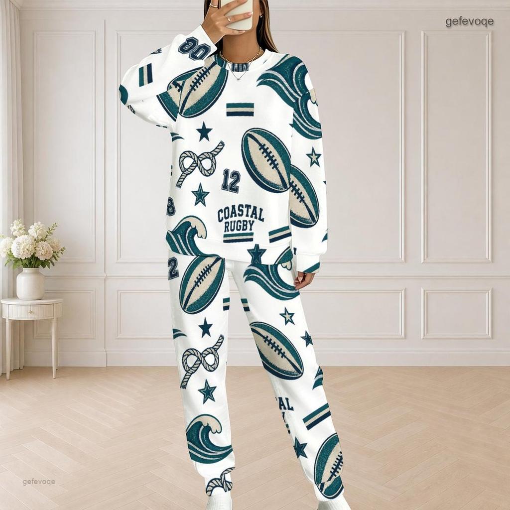 Women Plus Size Sailboat Printed Pocket Round Neck Long Sleeve Top And Long Pants Two Piece Set