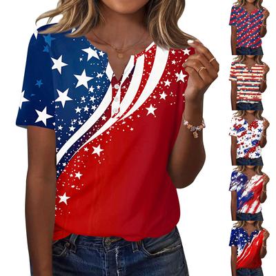 Dames T-shirt met Independence Day-print, knoopsluiting, korte mouwen, geschikt voor dagelijks gebruik, weekend, casual, basic, V-hals, regular top