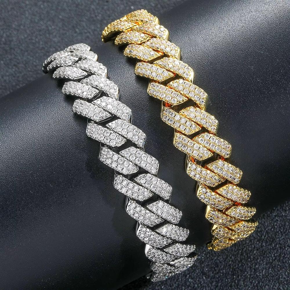 Hip Hop Jewelry Spring Clasp 13mm Rhombus Strip Cuban Link Bracelet Bling CZ Iced Out Prong Cuban Link Chain Bracelet