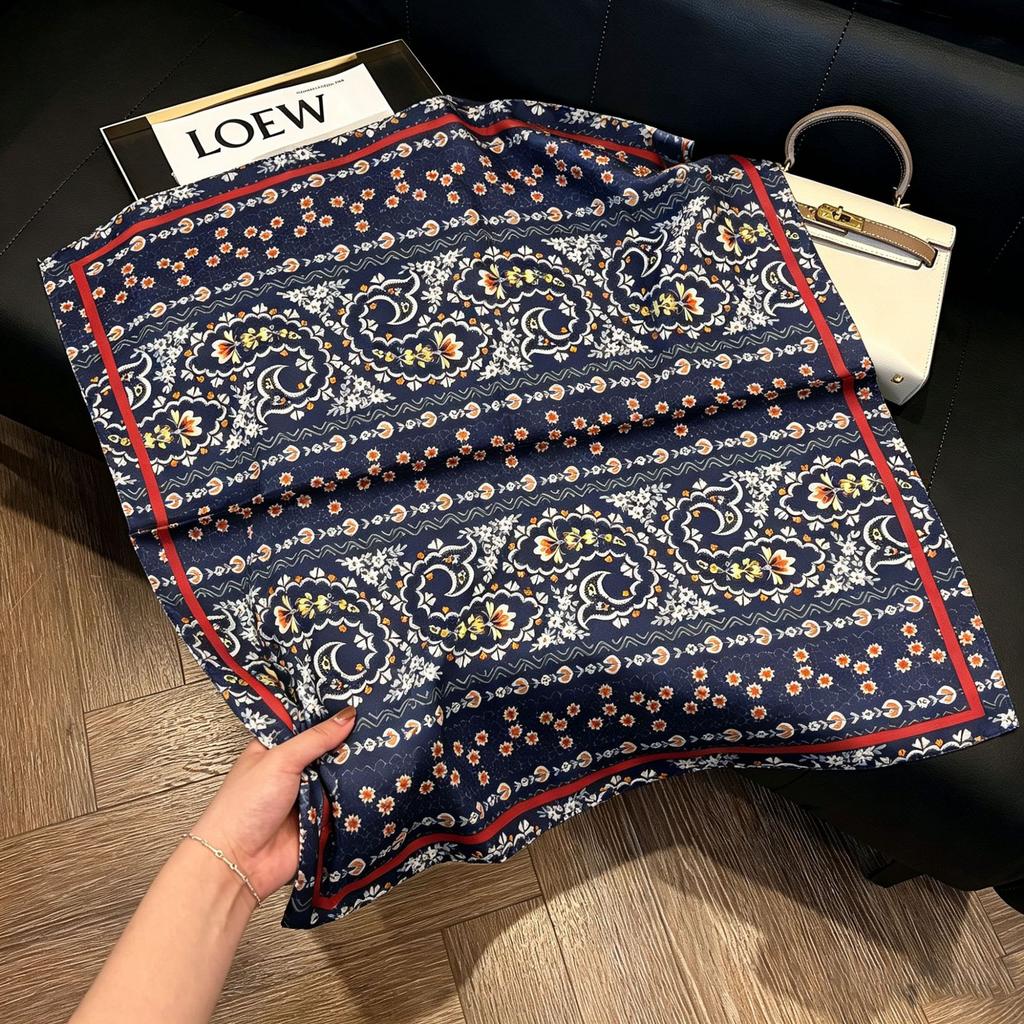 71Cm New Chinese Simulation Silk Square Scarf Soft and Skin-friendly Ink Flower Rhyme Printing Silk Scarf Neck Sunscreen Small Scarf