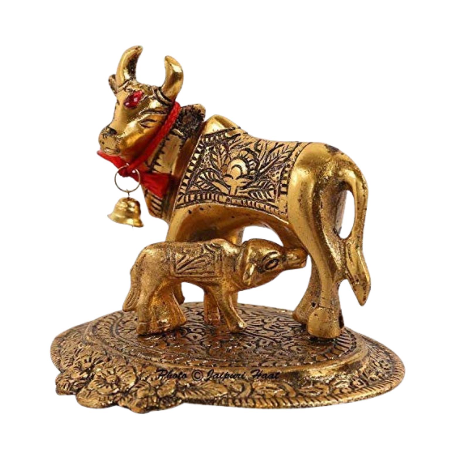 Kamdhenu Gau Mata Idol, Oxidized Gold Finished Brass Like Cow & Calf Figurine
