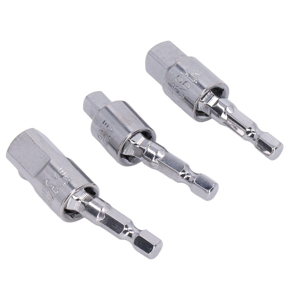 3 st Förkromade Hylsadaptrar 1/4" 3/8" 1/2" Fyrkantsfäste 360 Graders Roterbart Svivelhylsnyckelsats