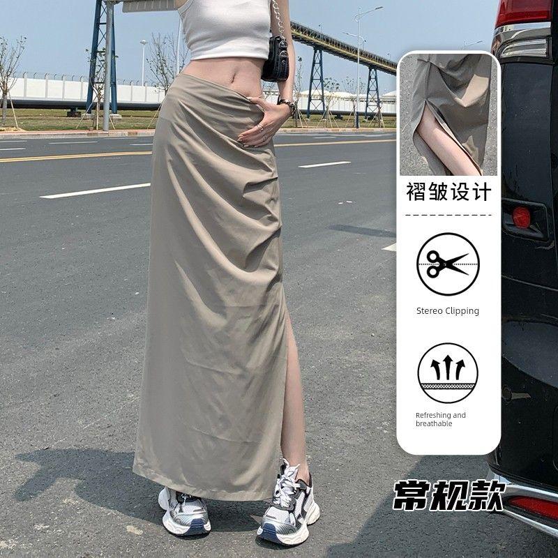 

Apricot Leisure Cargo Skirt Women s Summer High Waist Fashion Ins Slim Looking Sexy Fold Split Hip-Wrapped Mid-Length Dress Apricot [one yard larger]] XS