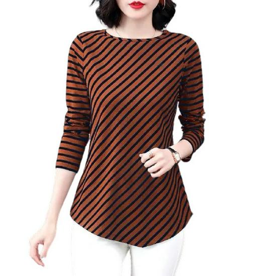 2022 Plus Size Women's Long Sleeve Striped T-Shirt - Loose Fit, Fashionable Spring/Autumn Top for Moms