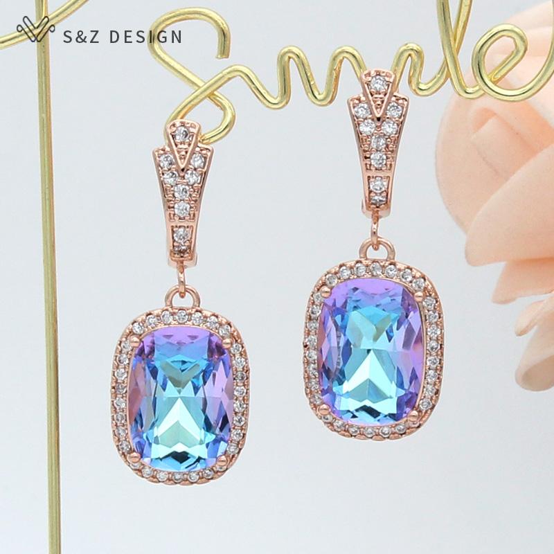 Fashion Elegant Rectangle Crystal Drop Earrings For Women Wedding Rose Gold Color Cubic Zirconia Eardrop Jewelry