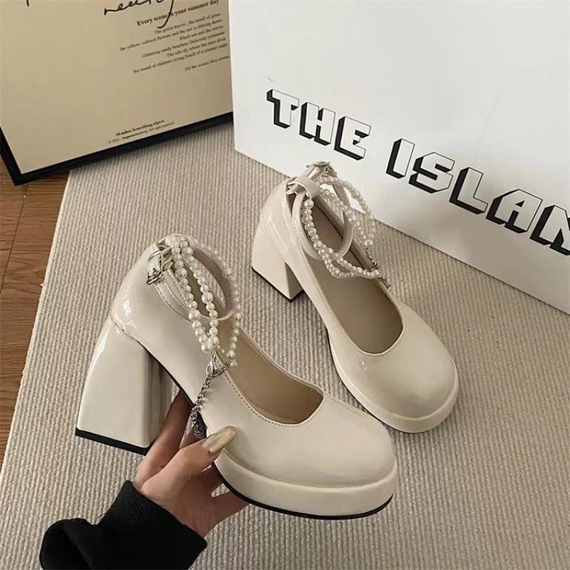 Ladies High Heels Elegant Bow Square Toe Black Fashion Thick Heel Wedding Party Pearl Lace Shoes