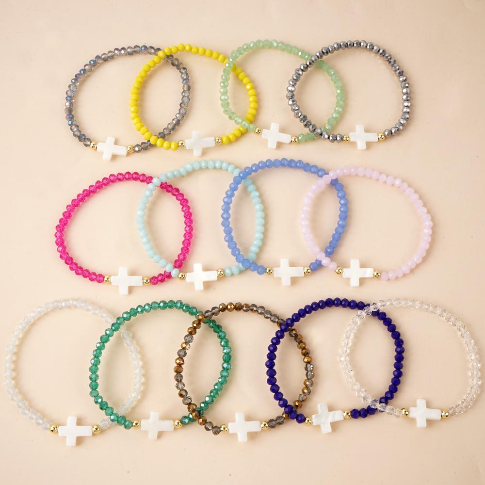 Go2boho Crystal Beaded Bracelets Healing Luck Shell Cross Boho Elastic Stretch Handmade Jewelry For Women Men Fashion Gifts