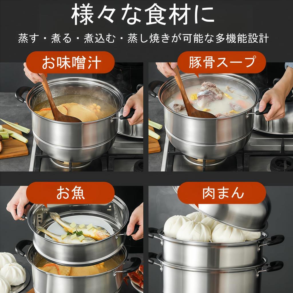 buuyyaa Stainless Steel with Glass Gas and IH Includes Steaming 28cm Steamer, Three-Tier, Multifunctional, Lid, Compatible, Cloth,