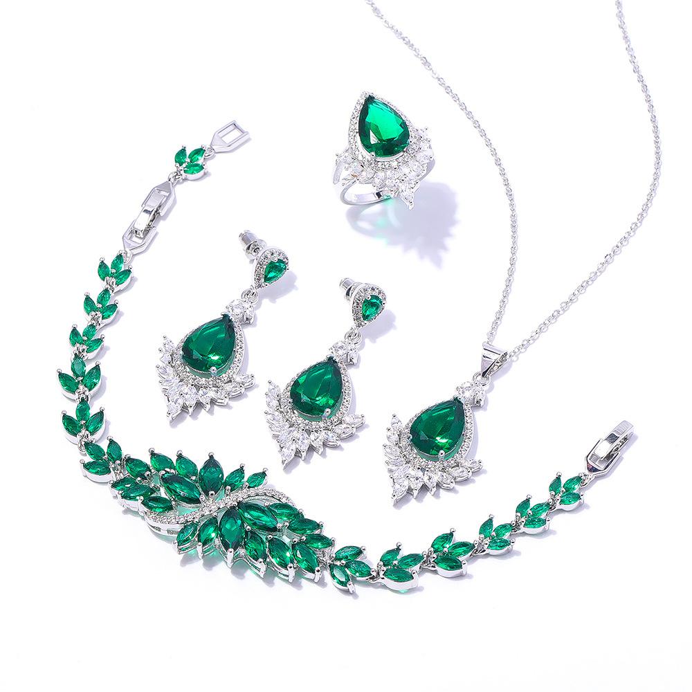 European and American Style Zircon Necklace Earrings Ring Three-piece Set, Water Drop-shaped Emerald High-end Bridal Dinner Jewelry 2026