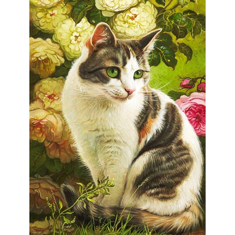 5D-Diamant-Malerei-Set zum Selbermachen, Katze in den Blumen, Diamant-Stickerei, Strass-Dekorationen für Zuhause