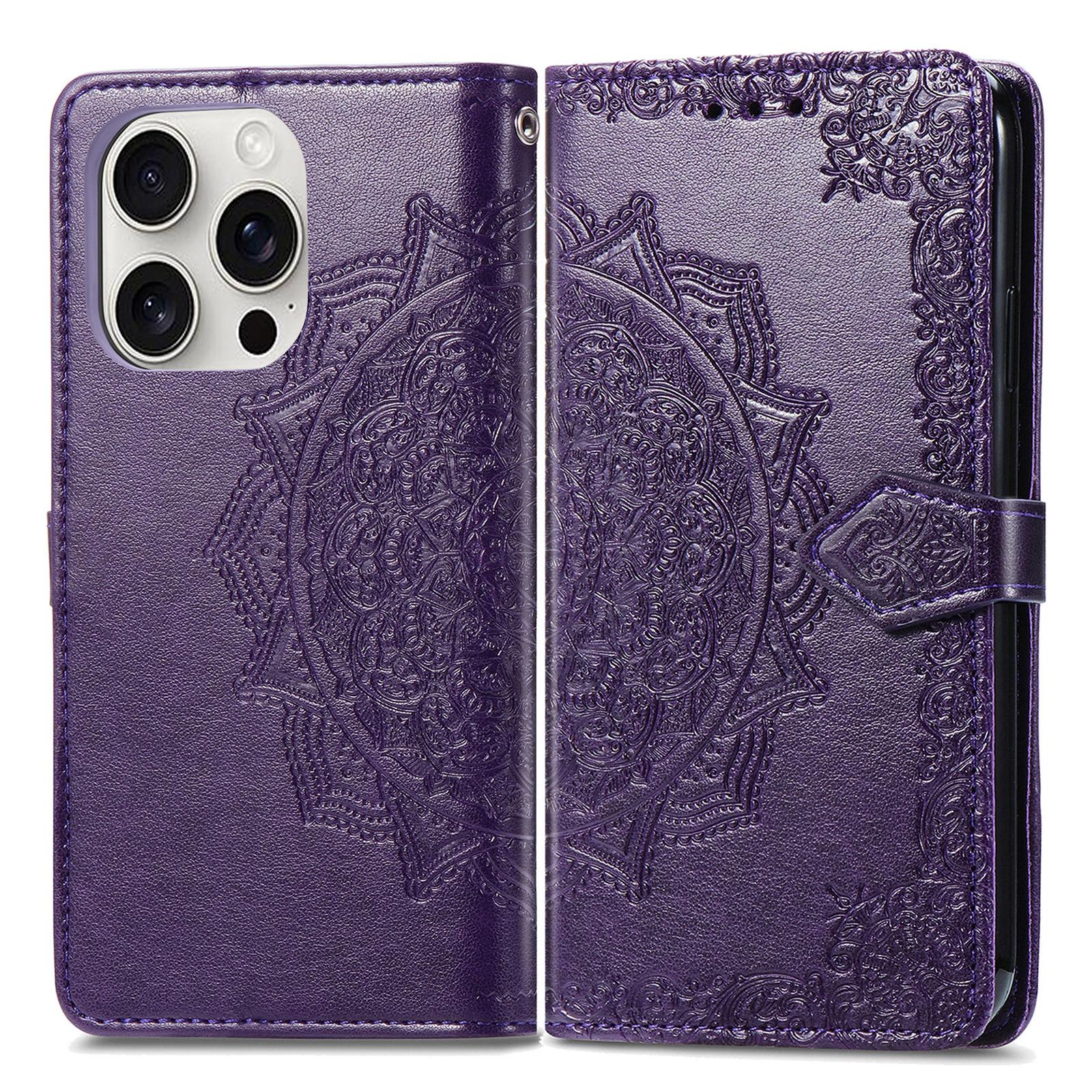 

For iPhone 16 Pro Max Wallet Case Mandala Flower Leather Phone Cover Stand View Purple