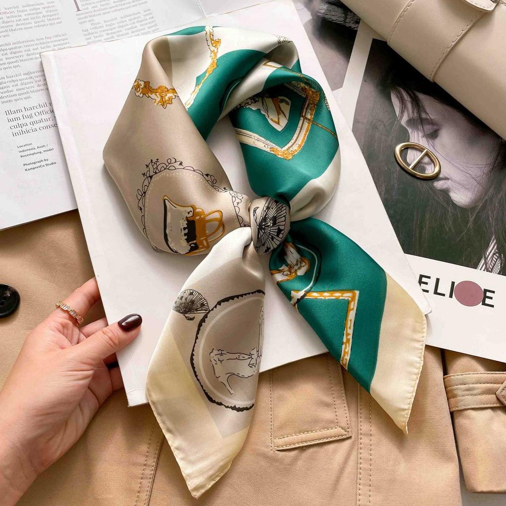 Luxury Chain Print Silk Square Scarf Women Soft Satin Silk Thin Neck Scarf Fashion Sunscreen Headscarf Woman 70x70cm