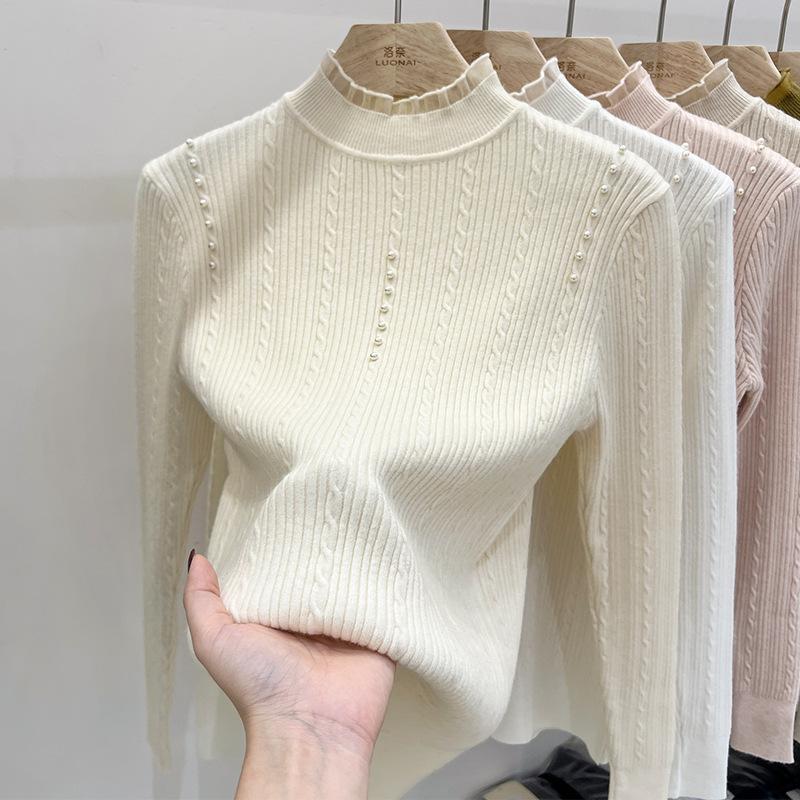 Semi-turtleneck Bottoming Shirt Women's Autumn and Winter Inner Twist Pearl Unique Chic Top Sweater Knitted Sweater Long Sleeve