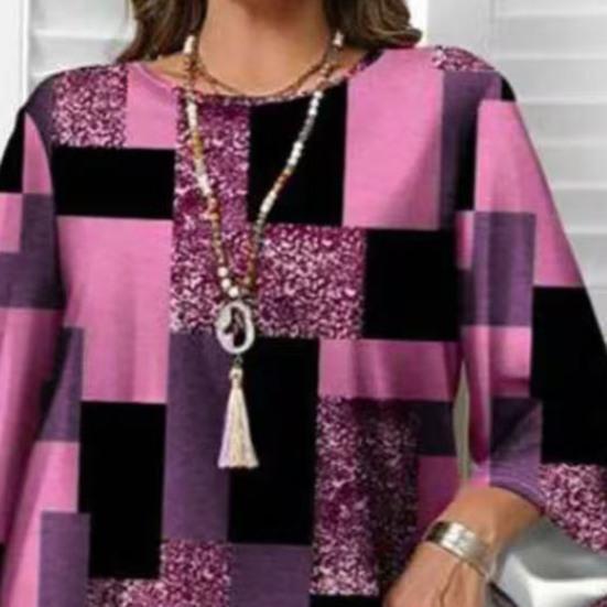 Women Tops Three-Quarter Sleeve Round Neck Abstract Print Tee Tops Loose