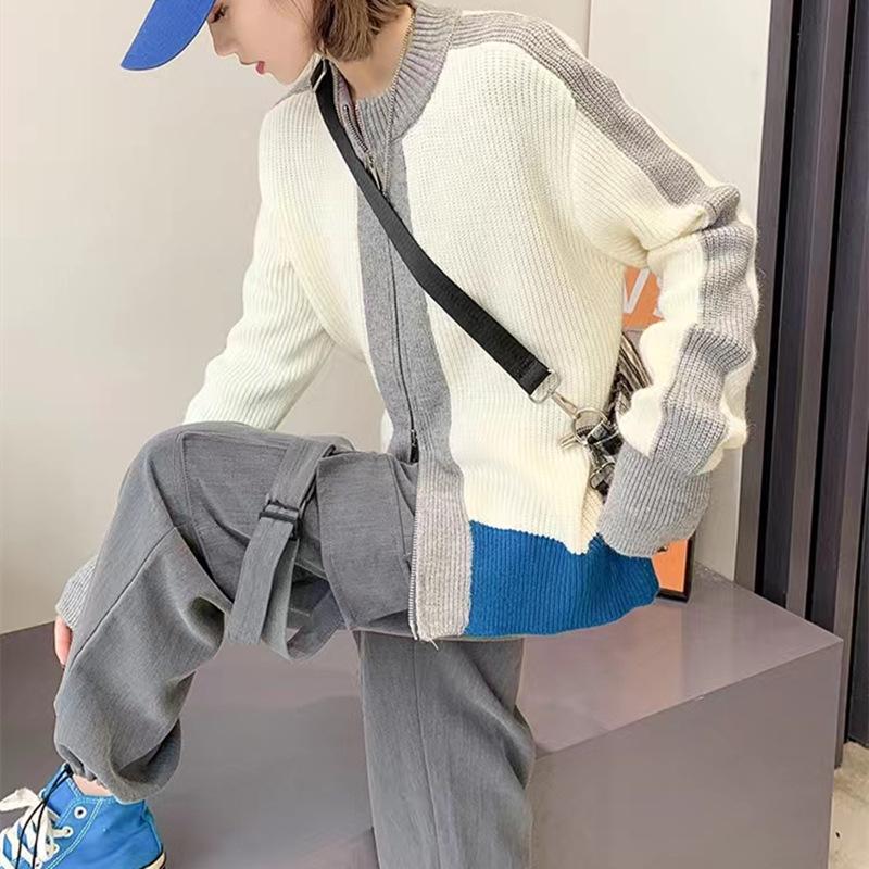 Retro Thickened Knitted Sweater Women's Stitching Zipper Lapel Sweater Cardigan Autumn and Winter Women's Coat