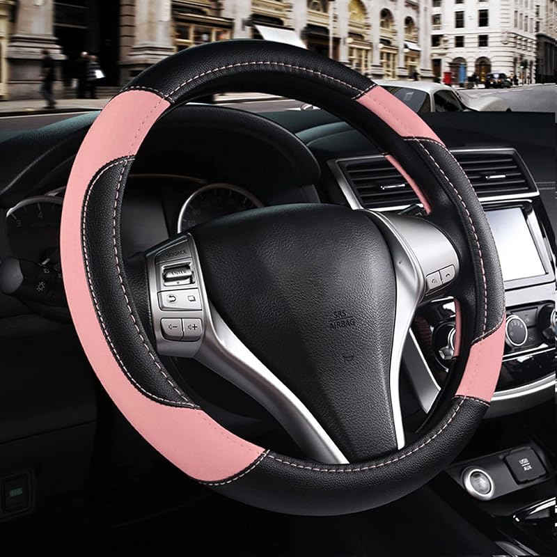 Leather Car Steering Wheel Cover, Non-Slip Car Wheel Cover Protector Breathable Microfiber Leather Universal Fit For Most Cars(Beige)