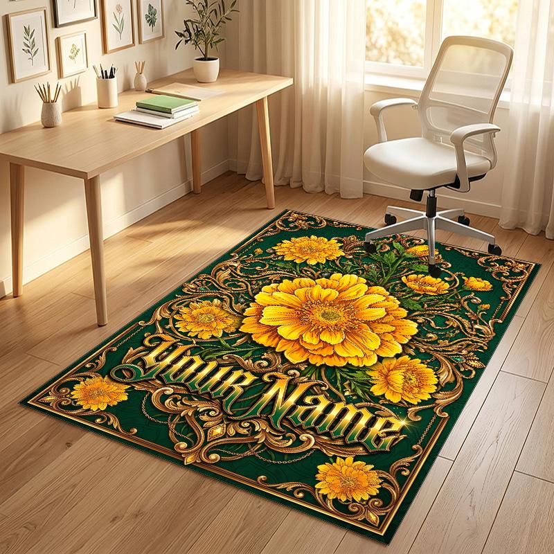 Golden Floral Elegance Theme Soft Crystal Velvet Rug Custom Name & Text Print Non Slip Floor Rug for Bedroom Living Room