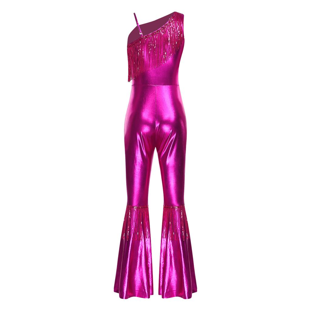Schlaghosen-Jumpsuit für Damen S-3XL: Pailletten-Quasten-Einteiler mit einem Schulterträger, ärmellos, mit metallischem Glanz für Halloween