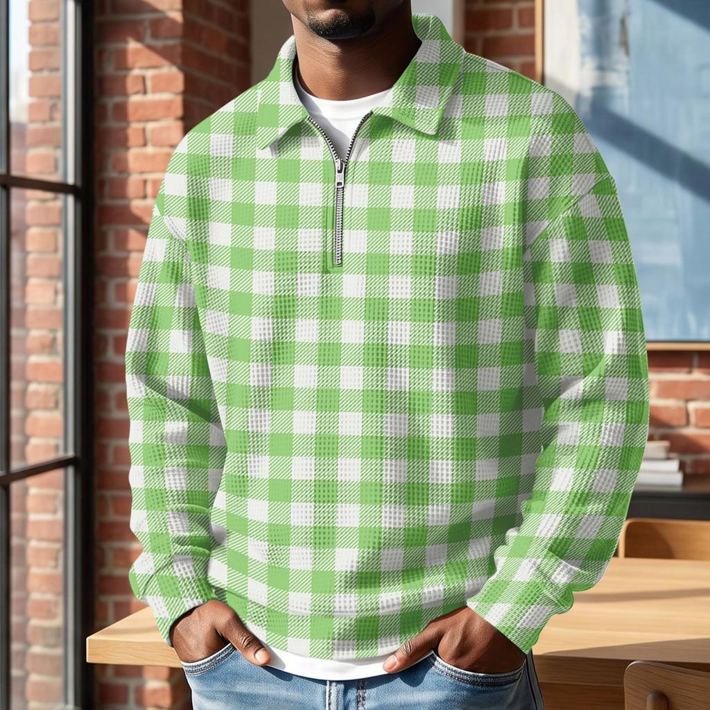 Men's Retro Half-Zip Collared Long Sleeve Plaid Print Casual Top for Everyday Wear