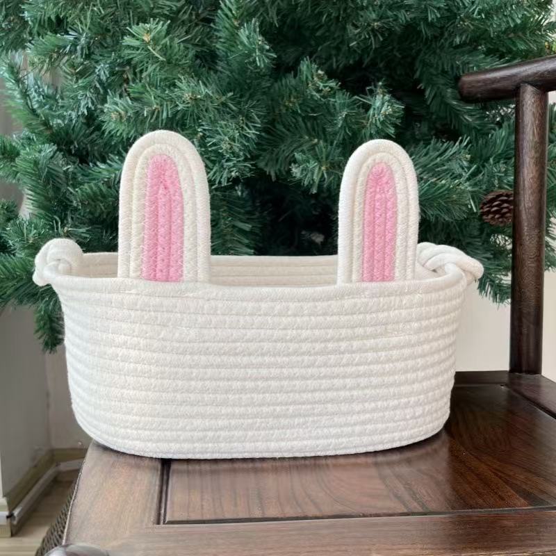 Cotton Rope Basket With Bunny Handle For Diy Easter Craft Storage Organizer For Home Decor