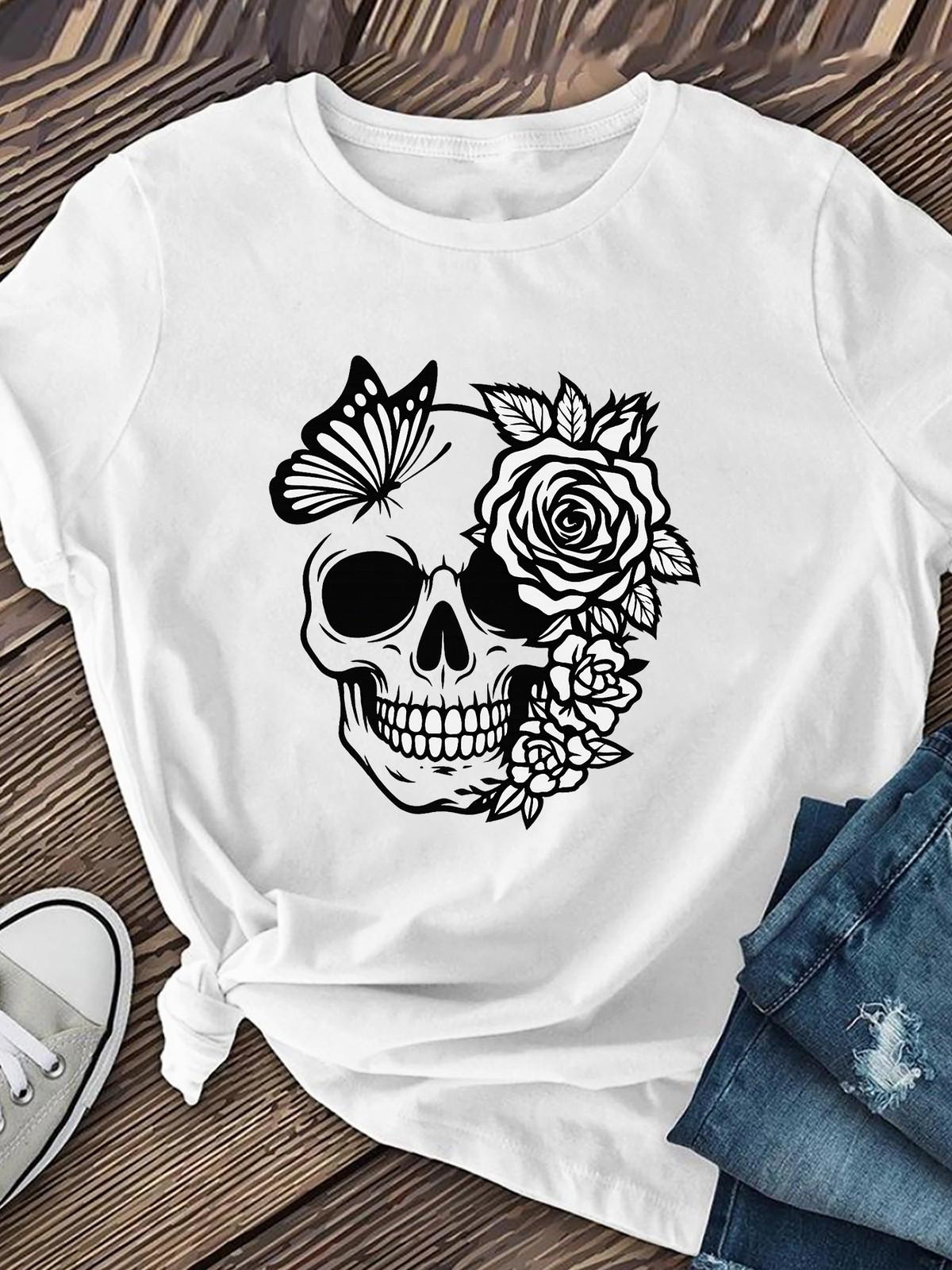 Skull, Flower and Butterfly Women s Printed Short-sleeved T-shirt - Breathabl S разноцветный