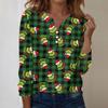 Women's Fashion Casual V-Neck Long Sleeve Decorative Button Christmas Print Top