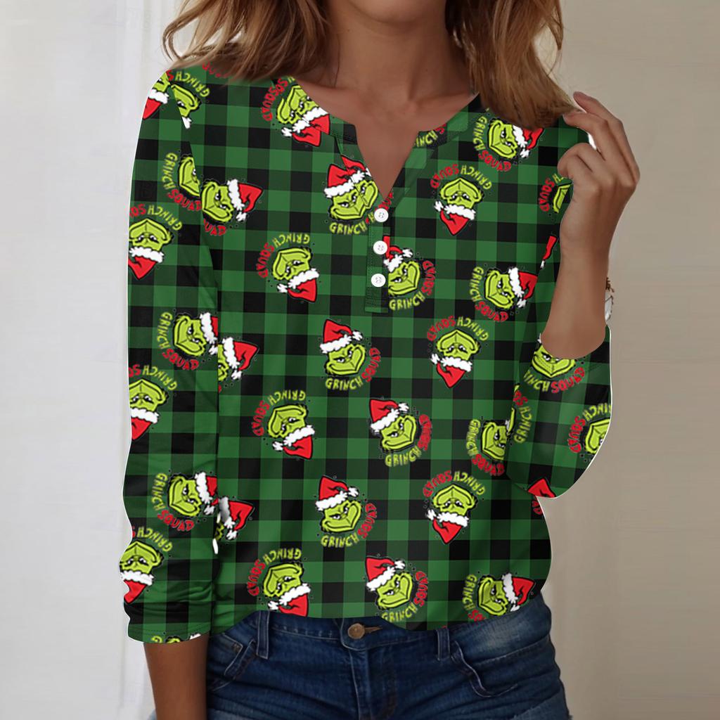 Women's Fashion Casual V-Neck Long Sleeve Decorative Button Christmas Print Top