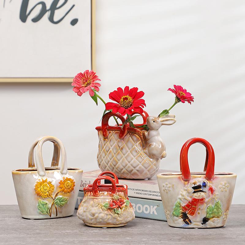Vaso in Ceramica Cartone Animato Borsa a Mano Vaso Fiorito in Rilievo Accessori per Composizioni Floreali Artigianato in Ceramica Decorazione per la Casa