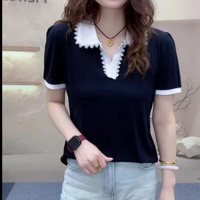 Summer Women's Striped T Shirt Lace Trim Polo Collar Short Sleeve Slim Fit Casual Tops