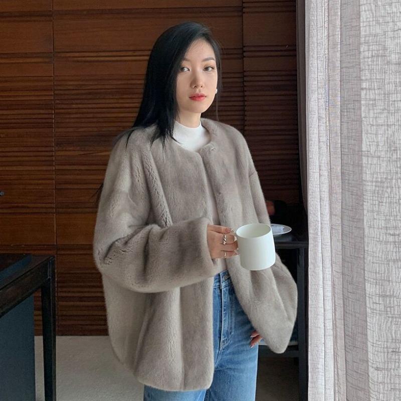 Efterår og Vinter Ny Dame Faux Fur One-piece Rundhalset Frakke
