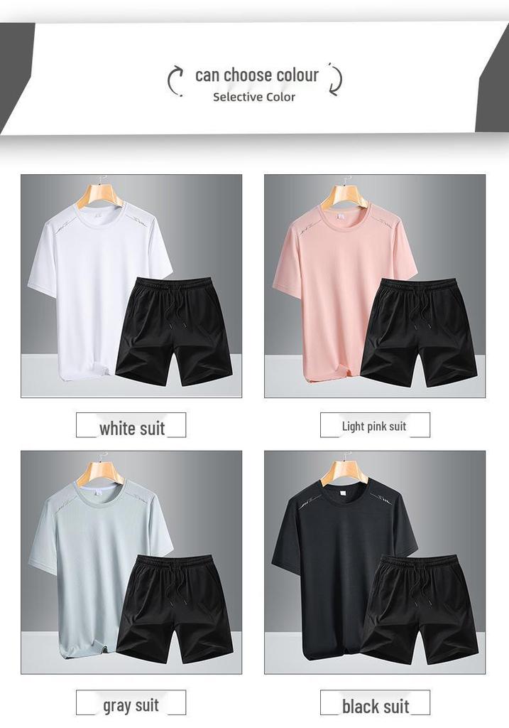 Men's Summer Ice Silk Quick-Dry Sports Set: Breathable Short Sleeve & Shorts for Casual Fitness.