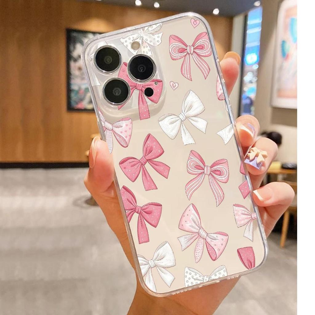 Pink & White Bow Transparent Anti-Fall Case for iPhone 14/15/16/17 Series Pro Max