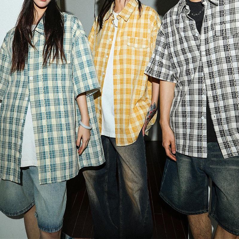

Unisex Retro Plaid Short-Sleeve Button-Down Shirt - Casual Loose Fit for Couples XXL жовтий