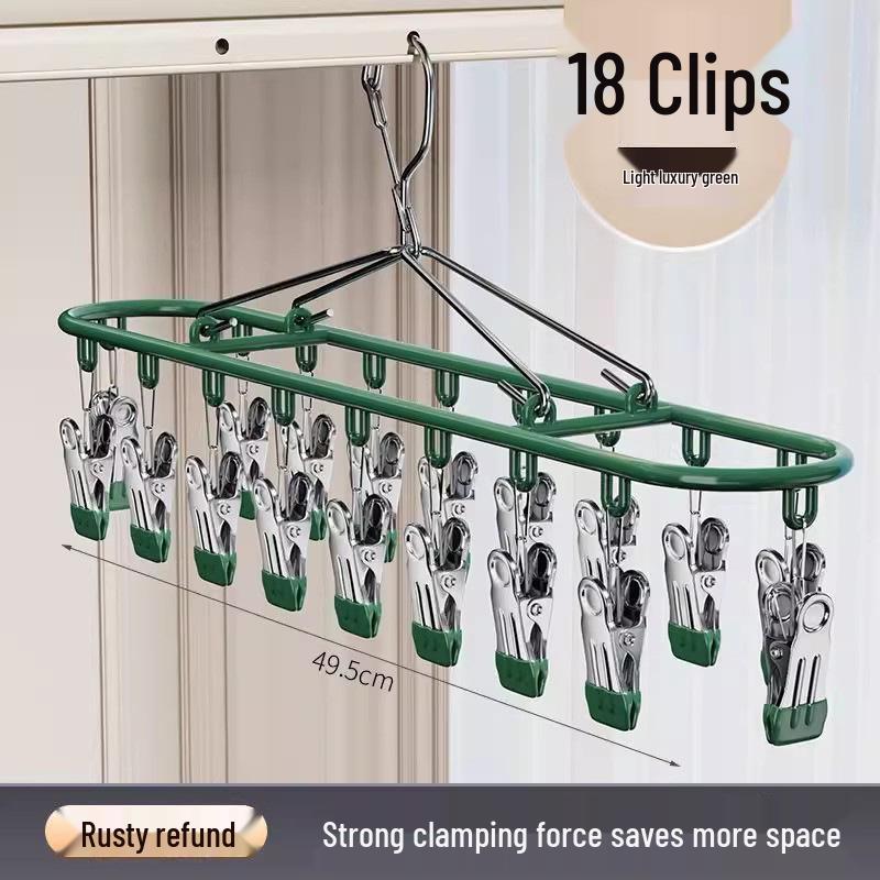Multi-Functional Stainless Steel 18-Clip Sock Drying Rack with Windproof Hook for Balcony Use
