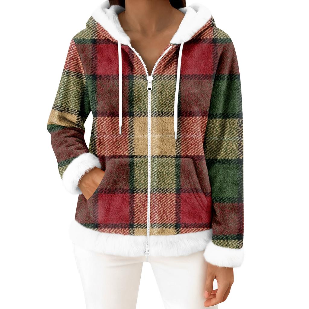 Damen Freizeitmode Langärmiger Fleece-Kapuzen-Cardigan mit Reißverschluss