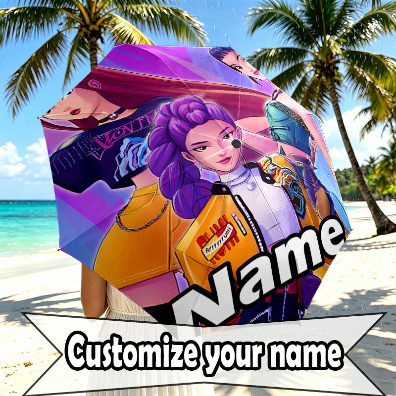 Custom Name Personalized KPop Demon Hunters Print Umbrella, Auto Open Close, 8‑Rib Sturdy Frame, Commute Camping Hiking Use, Birthday Gift