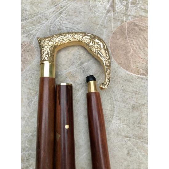 Vintage Elephant Design Walking Cane Wooden Walking Stick Brass Handle Knob Gift