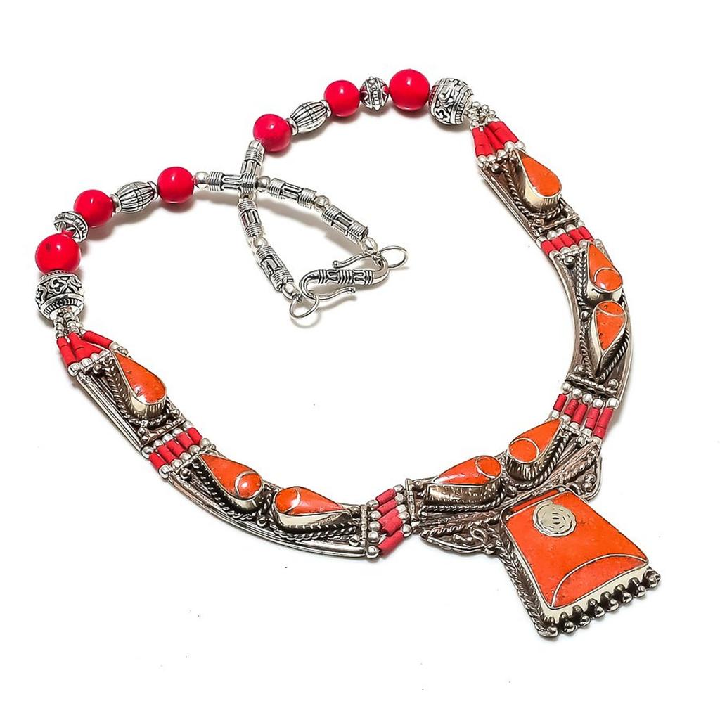 Tibetan Nepal Necklace Natural Red Coral 18" Chunky Ethnic Boho Jewelry NN 717