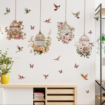 Green Leaves Bird Cage Wall Stickers for Living Room Bedroom Decoration Plants Wall Decals House Interior Wall Decor Wallpaper