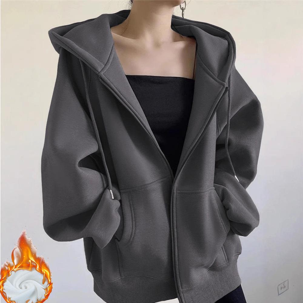 Women's Retro American-Style Hooded Cotton Cardigan with Plus Velvet for Autumn/Winter 2025