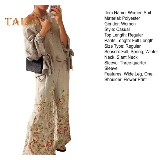 2 Pcs/Set Women Top Pants Set One Shoulder Slant Neck Three-quarter Sleeve Lace-up Cuff Blouse Flower Print Stretchy High Waist Wide Leg Trousers