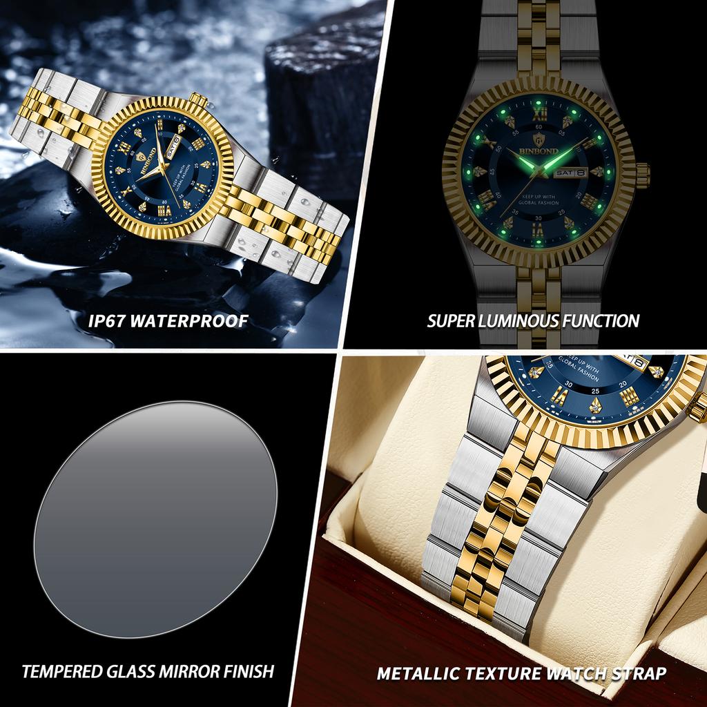 BINBOND Precise Quartz Watches For Men Week Display Auto Date Stainless Steel Luminous Waterproof Men's Watch Luxury Reloj